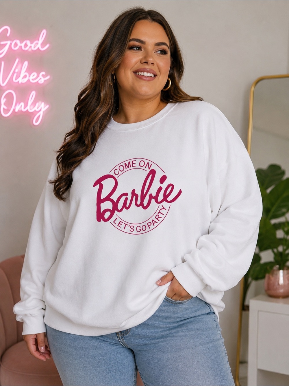 EUC XXL Barbie Pink & White Crewneck Sweatshirt